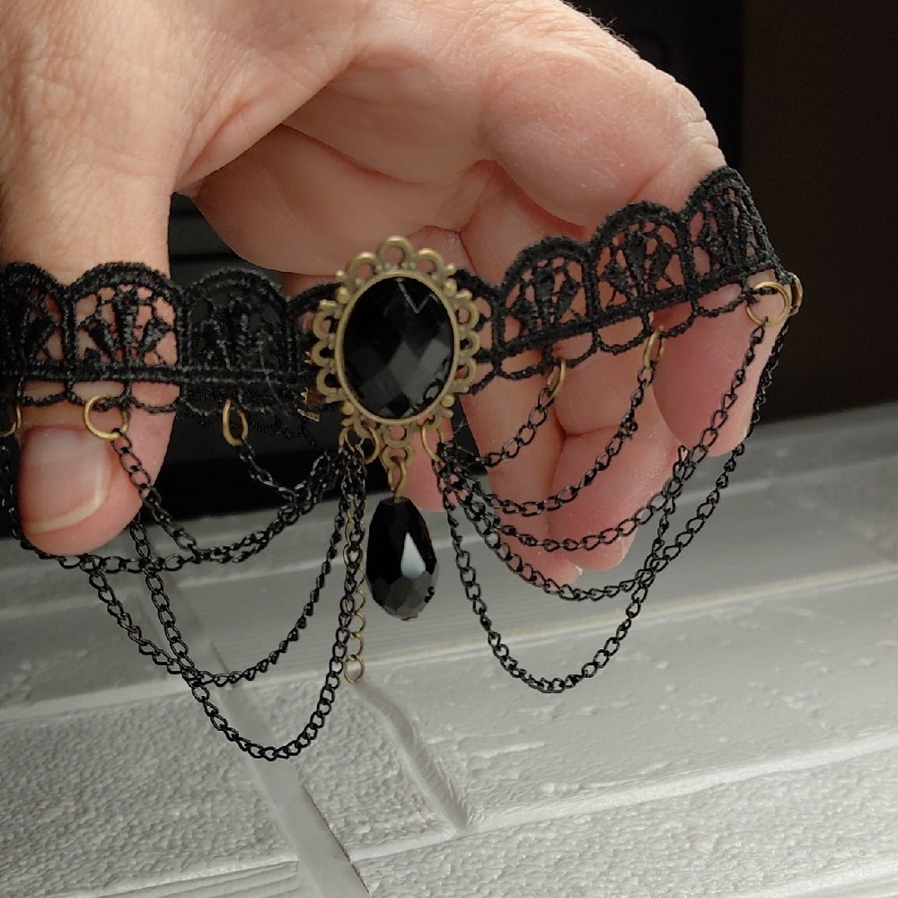 Black Gothic Lace Ankle Bracelet with Chains and Black Stoned